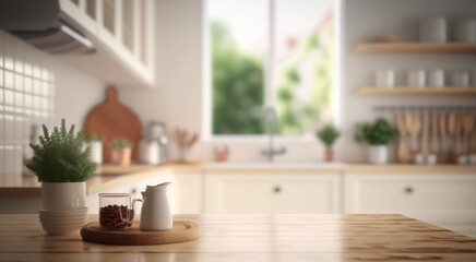 Fototapeta na wymiar Embracing Scandinavian Elegance: Close-Up of an Empty Wooden Table in a Modern Kitchen With Generative AI