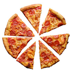 pepperoni pizza cut into slices shot top down view and isolated 
