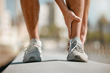 Ankle pain of runner or man hands for fitness healthcare risk, muscle accident or training problem...