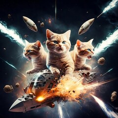 Trio of Giant Kitties in Space Attacking a Carrier Spaceship with Missiles Flying Around them in the Cosmos