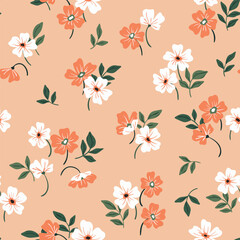 Seamless floral pattern, romantic ditsy print with rustic motif. Cute botanical design with small hand drawn flowers, leaves on a light field. Delicate flower background. Vector illustration.