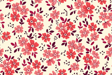Seamless floral pattern, liberty ditsy print with tiny hand drawn flowers. Cute botanical design with small red flowers, leaves on a white field. Pretty flower background. Vector illustration.
