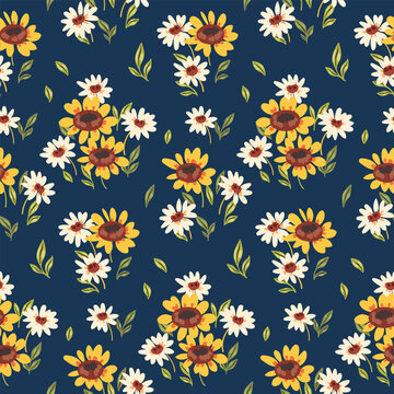 Seamless floral pattern, cute ditsy print with vintage rustic motif. Pretty botanical design with hand drawn plants: small flowers, sunflower buds, leaves on a blue background. Vector illustration. © Yulya i Kot