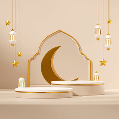 rendering 3d mockup template white and gold podium in square lamp, moon, and stars ramadan kareem
 - obrazy, fototapety, plakaty