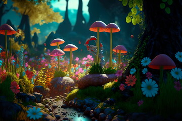 Fototapeta na wymiar Fantastic wonderland forest landscape with mushrooms and flowers.