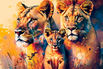 The family of lions lies on the grass. Generative AI