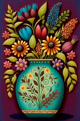 Vase of Cheerful Flowers Illustraterd in a Bold, Colorful Folk Art Style, Unique Look, Made in Part with Generative AI

