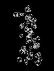 Abstract fresh soda bubble groups. High-quality stock image liquid water bubbles, carbonate drink, oil shape, beer fizzing, splashing and floating drop in black background for represent sparkling