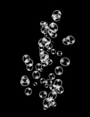 Abstract fresh soda bubble groups. High-quality stock image liquid water bubbles, carbonate drink, oil shape, beer fizzing, splashing and floating drop in black background for represent sparkling