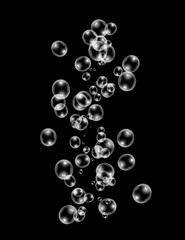 Abstract fresh soda bubble groups. High-quality stock image liquid water bubbles, carbonate drink, oil shape, beer fizzing, splashing and floating drop in black background for represent sparkling