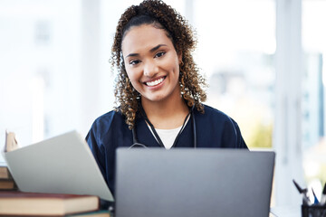 Nurse, laptop or medical student portrait with research books, education studying or learning in university hospital. Smile, happy or healthcare woman on technology in scholarship medicine internship