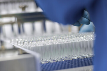 Medical Glass vials for liquid samples Medicine Pharmacy Conveyor pharmaceutical manufacturing...