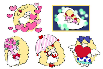 いろんな女の子のイラスト　手描き　透過素材　少女　キューピッド　天使　傘を持った女の子　恋のキューピッド