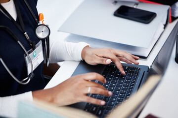 Medical student, woman or typing hands on laptop research, education degree studying or university...
