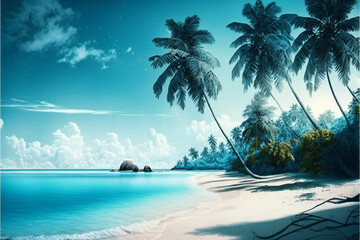 Obraz na płótnie Canvas Beach panorama with blue water and palm trees, scenery background, Generative AI