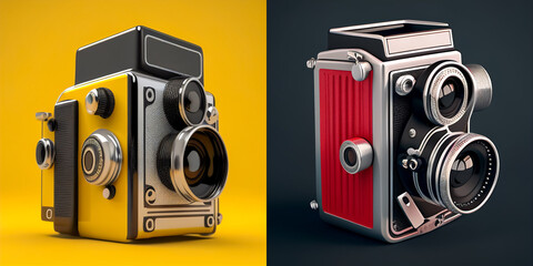 Illustration of two retro cameras on flat background created with AI tools.