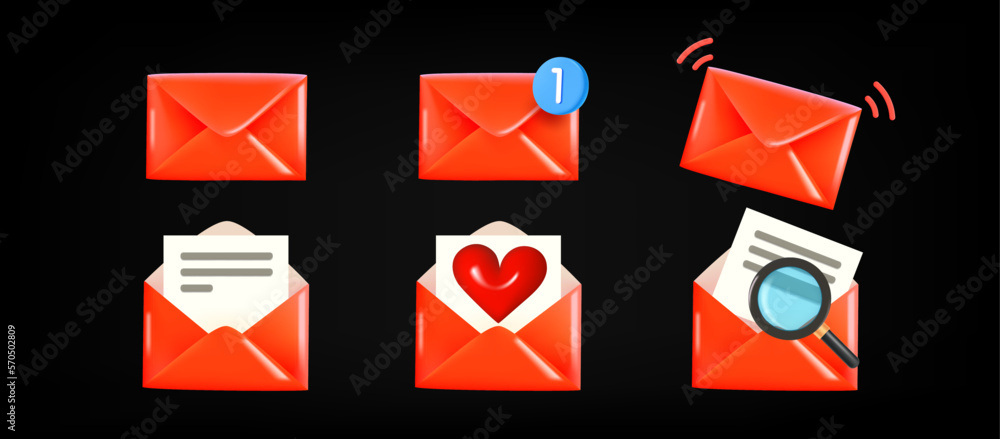 Poster different red envelopes opened and closed. 3d vector clipart isolated on white background