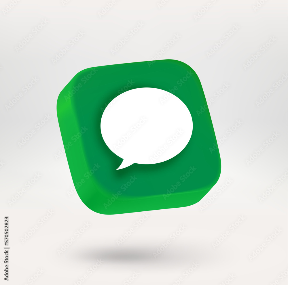 Poster Green button with speech bubble. 3d vector icon isolated on white background