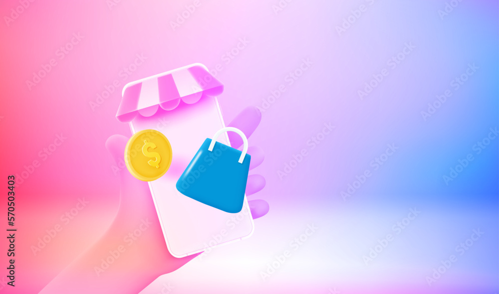 Poster Making purchasing online concept. 3d vector banner with copy space