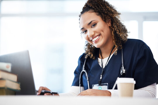 Woman, laptop or medical student portrait with research books, education studying or learning in university hospital. Smile, happy or healthcare nurse on technology in scholarship medicine internship
