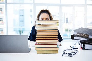 Nurse, portrait or books stack in hospital research, medical student study or medicine scholarship...