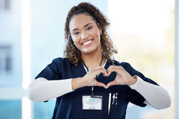 Nurse, portrait or heart hands in hospital wellness, medicine trust or medical support in life...