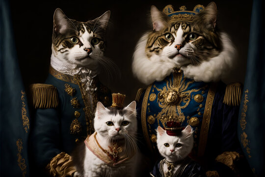 Family of cats in royal outfits of the Victorian era. Fynny cats. Royal cats. Cats as Humans concept. Picture of Cat Aristocrats, Generative AI.