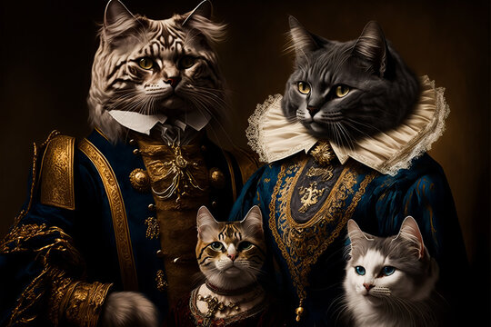 Family of cats in royal outfits of the Victorian era. Fynny cats. Royal cats. Cats as Humans concept. Picture of Cat Aristocrats, Generative AI.