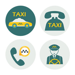A set of Vector illustrations of the taxi service. Driver, taxi car, taxi call.