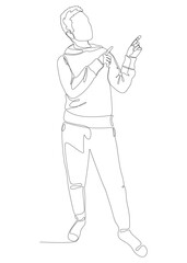 One continuous line of Male pointing with finger. Thin Line Illustration vector concept of man showing direction. Contour Drawing Creative ideas.