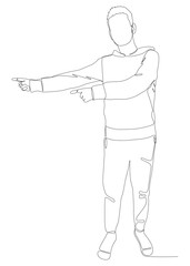 One continuous line of Male pointing with finger. Thin Line Illustration vector concept of man showing direction. Contour Drawing Creative ideas.
