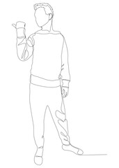 One continuous line of Male pointing with finger. Thin Line Illustration vector concept of man showing direction. Contour Drawing Creative ideas.