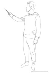 One continuous line of casual teacher pointing with a stick. Thin Line Illustration vector concept. Contour Drawing Creative ideas.