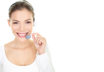 Headset woman smiling call center customer service representative talking giving online help desk support looking at camera friendly happy isolated on white background. Asian / Caucasian girl 20s.

