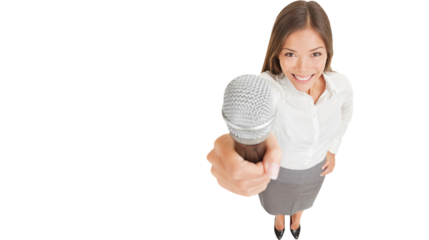Fun high angle perspective of a beautiful smiling young woman offering up a microphone with her hand raised towards the camera, isolated on white

