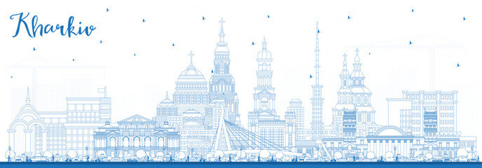 Outline Kharkiv Ukraine City Skyline with Blue Buildings. Vector Illustration. Kharkiv Cityscape with Landmarks.