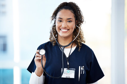 Nurse, Portrait Or Stethoscope Check At Hospital Mockup For Cardiovascular, Asthma Lungs Or Woman Heart Wellness. Smile, Happy Or Healthcare Worker And Medical Equipment For Surgery Doctor Consulting