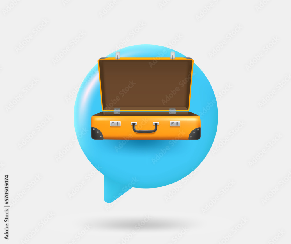 Poster speech cloud with opened suitcase. travel concept. 3d vector isolated illustration