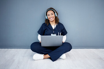 Portrait, laptop or headphones of hospital music, podcast or radio in woman study research or mock...