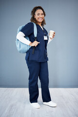 Woman, portrait or backpack for medical school, hospital internship goals or medicine university...