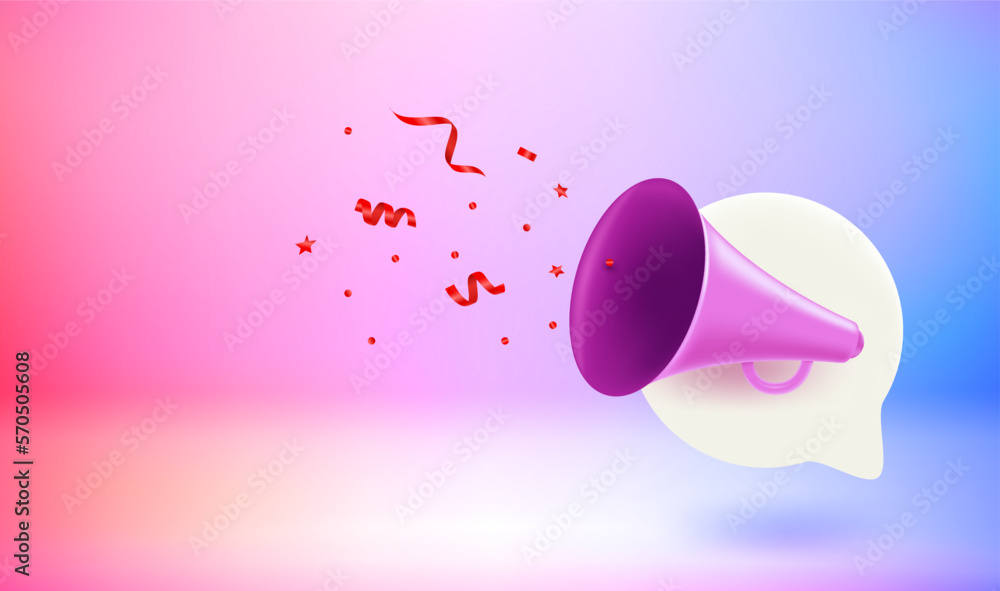 Poster announcement concept with loud speaker and confetti. vector 3d banner with doodling