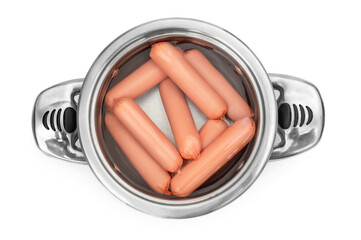Sausages boiling in enamel steel cooking pan. Isolated on white. Top view.