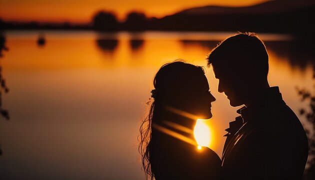 Standing couple close to each other in front of a lake at sunset with the sun setting behind them