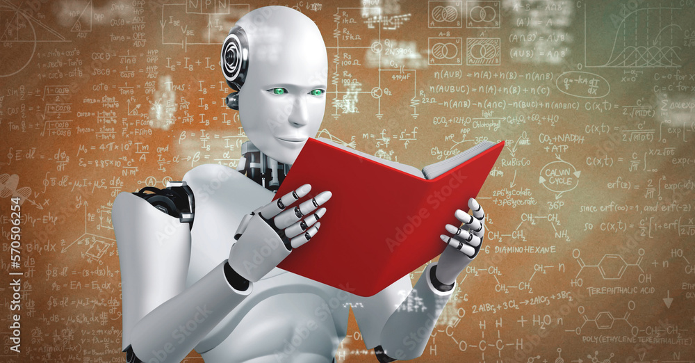 Aufkleber 3d rendering of robot hominoid reading book and solving math data analytics in concept of future mat