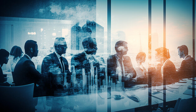 Double exposure image of business people conference group meeting on city office building in background Created by generative AI