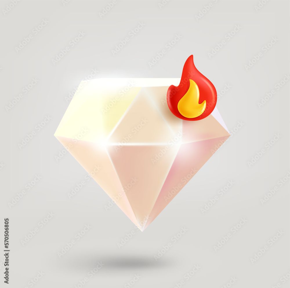 Fototapete White crystal with flame symbol. 3d vector icon isolated on white background