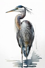 Minimalist Watercolor Illustration of a Great Blue Heron in Water, Isolated on White, Made in Part with Generative AI