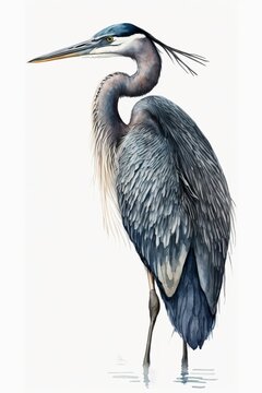 Minimalist Watercolor Illustration of a Great Blue Heron in Water, Isolated on White, Made in Part with Generative AI