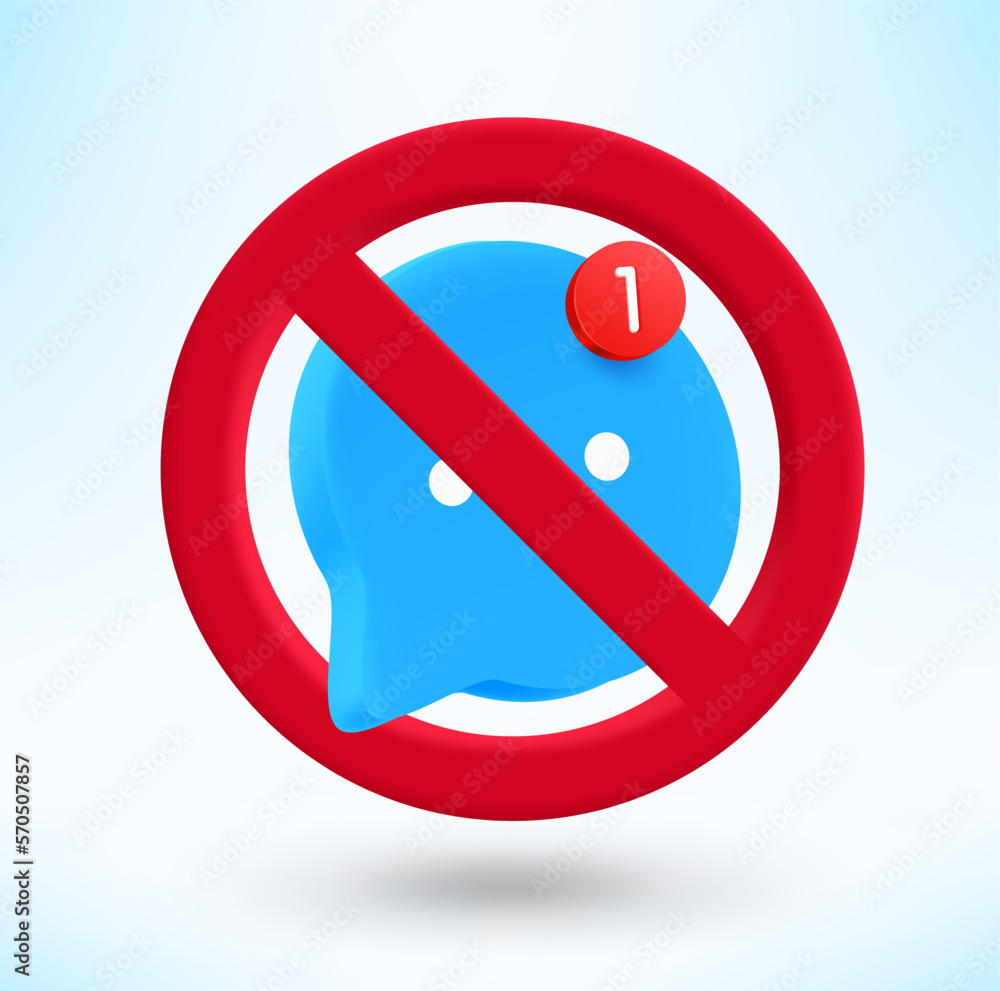 Poster Blue speech cloud with notification icon in circle with crossed line. 3d vector icon 