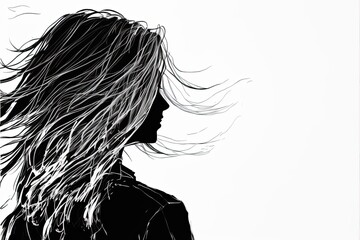 Wall art, wallpaper frame art, painting, line art, people, scenery, sktech, woman silhouette, face profile, leisure, black, white, grey, AI generated art	
